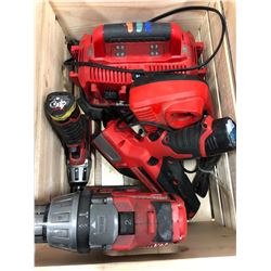 Milwaukee M18 6 pack charger, M12 charger, M18 drill, M12 cable cutter, M12 driver
