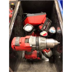 Milwaukee M18 drill, M18 battery, 2 chargers, M12 impact, M12 driver, M12 flashlight, M12 battery