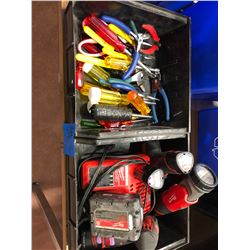 Milwaukee M18 battery, M12 impact, M12 drill, M12 flashlight, M12 battery, charger, assorted screwdr