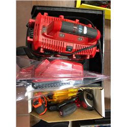 Milwaukee M18 6 pack charger, charger (new), assorted nut drivers, screwdrivers, 2 tape measures