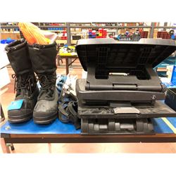 Under desk foot rest qty 3, Sorel size 10 NEW, safety vest, assorted gloves, 3 goggles, silicone hal