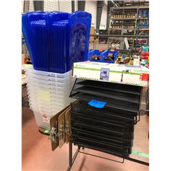Plastic totes qty 11, desk top monitor arm with clamp, 3 clipboards, paper towel dispenser, 3 qty wa