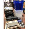 Image 2 : Plastic totes qty 11, desk top monitor arm with clamp, 3 clipboards, paper towel dispenser, 3 qty wa