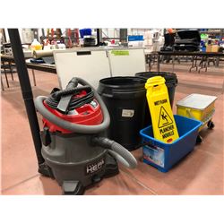 Rigid 14 gallon shop vac with attachments, 2 rectangular buckets, 3 wet floor signs, 2 - 26 gallon g