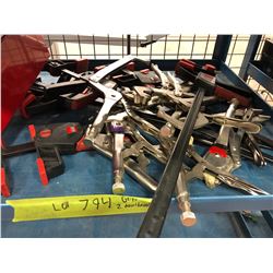 Assorted C clamps, vice grips, sliding clamp, 2 tool boxes