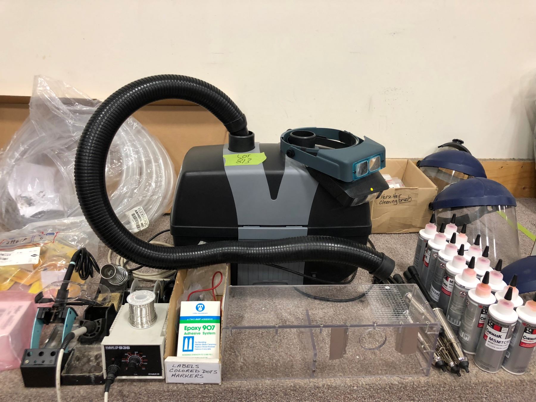 Fume extractor, HAKKO 936 solder station, solder tip cleaner, solder