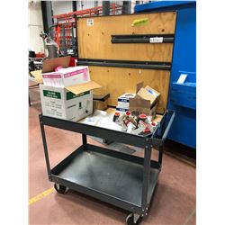 Rolling parts cart 5 shelf 24" x 36" x 63", assorted Uline shipping material, bands, pallet wrap 5",