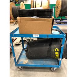 Steel rolling cart 36" x 24" x 34", qty 13 plastic bolt templates, qty rolling 32 gallon garbage bin