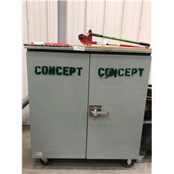Dandy Steel rolling cabinet 2 doors 1 shelf 48" x 26" x 55", C/W Hilti model C4/36 charger, 15" pryb