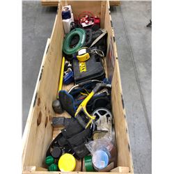 Crate of Various Tools, Fish Tape, Recharge Battery, Chargers, Sledge Hammer, Work Belts, Saws, Lock