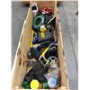 Image 1 : Crate of Various Tools, Fish Tape, Recharge Battery, Chargers, Sledge Hammer, Work Belts, Saws, Lock