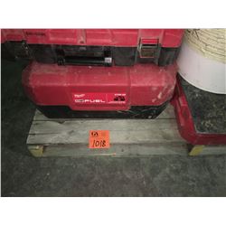 Pallet of assorted empty tool cases, power tool handles, parts pails, Dewalt Jobsite Radio (works)