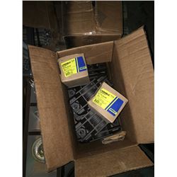 Pallet w/ misc Box of Cadweld Welding supplies, Halo electric fixtures & metal bracing