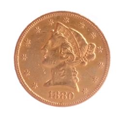 1880 $5 Gold Liberty Head, X.F.