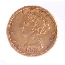 1881 $5 Gold Liberty Head, X.F.