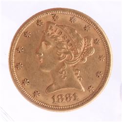 1881 $5 Gold Liberty Head, A.U.