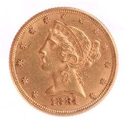 1881 $5 Gold Liberty Head, UNC.