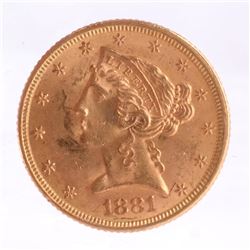 1881 $5 Gold Liberty Head, B.U.
