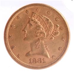 1881-S $5 Gold Liberty Head, A.U.