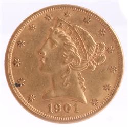 1901 $5 Gold Liberty Head, A.U.