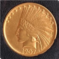 1907 $10 Gold Indian Head, A.U.