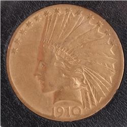 1910 $10 Gold Indian Head, V.F.
