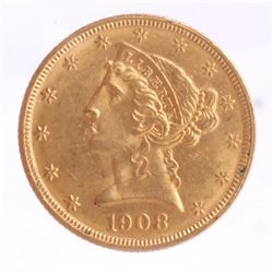 1908 $5 Gold Liberty Head, MS 62