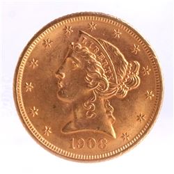 1908 $5 Gold Liberty Head, MS 63