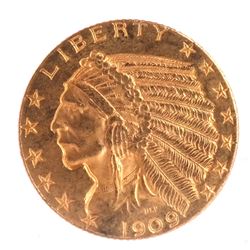 1909 $5 Gold Indian Head, A.U.