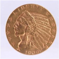 1909 $5 Gold Indian Head, A.U.