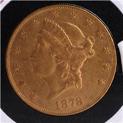 1878-S $20 Gold Liberty Head, A.U.