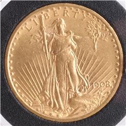 1908 $20 Gold Saint Gaudens, A.U.