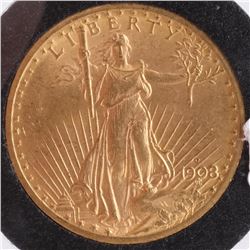 1908-D $20 Gold Saint Gaudens, MS 64