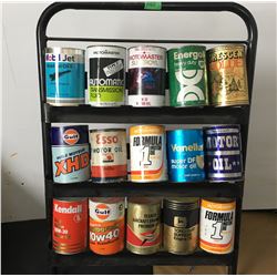 OIL CAN RACK W/15 MISC TIN AND FIBRE CANS, SOME FULL