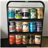 Image 1 : OIL CAN RACK W/15 MISC TIN AND FIBRE CANS, SOME FULL