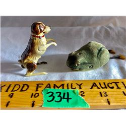 GR OF 2 MECHANICAL TOYS, SCHUCO FROG, DOG MADE IN US ZONE GERMANY,