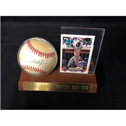 MO VAUGHN SIGNED BASEBALL W/ BASEBALL CARD DISPLAY