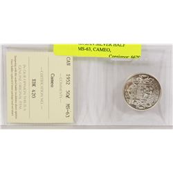 1952  CANADIAN SILVER HALF DOLLAR MS-63, CAMEO,