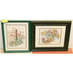 LOT OF 2 FRAMED FLOWER NEEDLEPOINT PICTURES