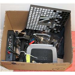 BOX OF ASSORTED ELECTRONICS, CURTAINS, AND MORE