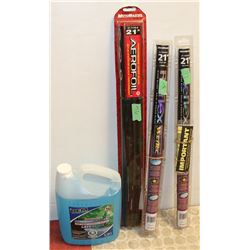BOX WITH THREE 21" WIPER BLADES AND JUG OF SUMMER