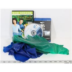FLAT OF WORKOUT ITEMS INCLUDING DVDS AND ELASTIC