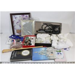 BOX OF CANDLE HOLDERS, FRAMES, ADDRESS BOOKS