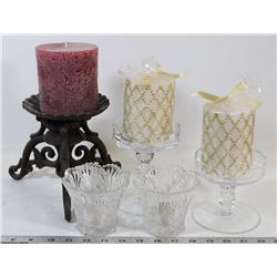 BOX OF CANDLES AND CANDLE HOLDERS