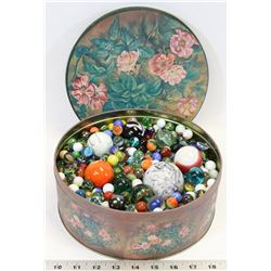 LARGE TIN OF MARBLES