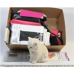 BOX OF PANTYHOSE , MAKEUP BAGS, AND MORE