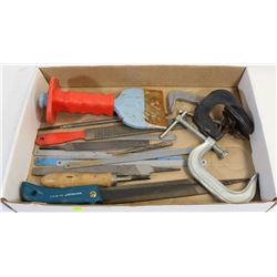 FLAT OF FILES, SAWS, BRICK PUNCH & CLAMPS