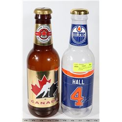 LOT OF TWO 14" BOTTLE COIN BANK OILERS & TEAM