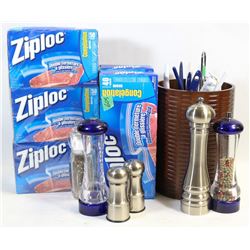 BOX OF KITCHEN UTENSILS, ZIPLOC, BAGS AND MORE