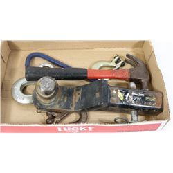 FLAT OF HEAVY HOOKS, TOW HITCH AND MORE